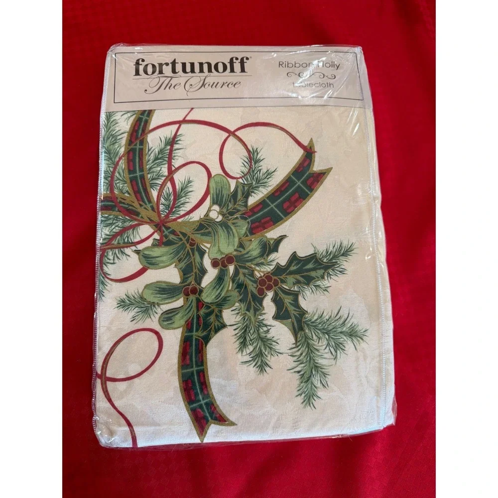 Fortunoff Ribbon Holly Tablecloth 60x104‎ Oblong Christmas Holiday Damask Ivory